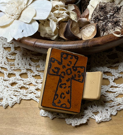 Cheetah Print Cross Engraved Leather Hair Clip - Small 2"