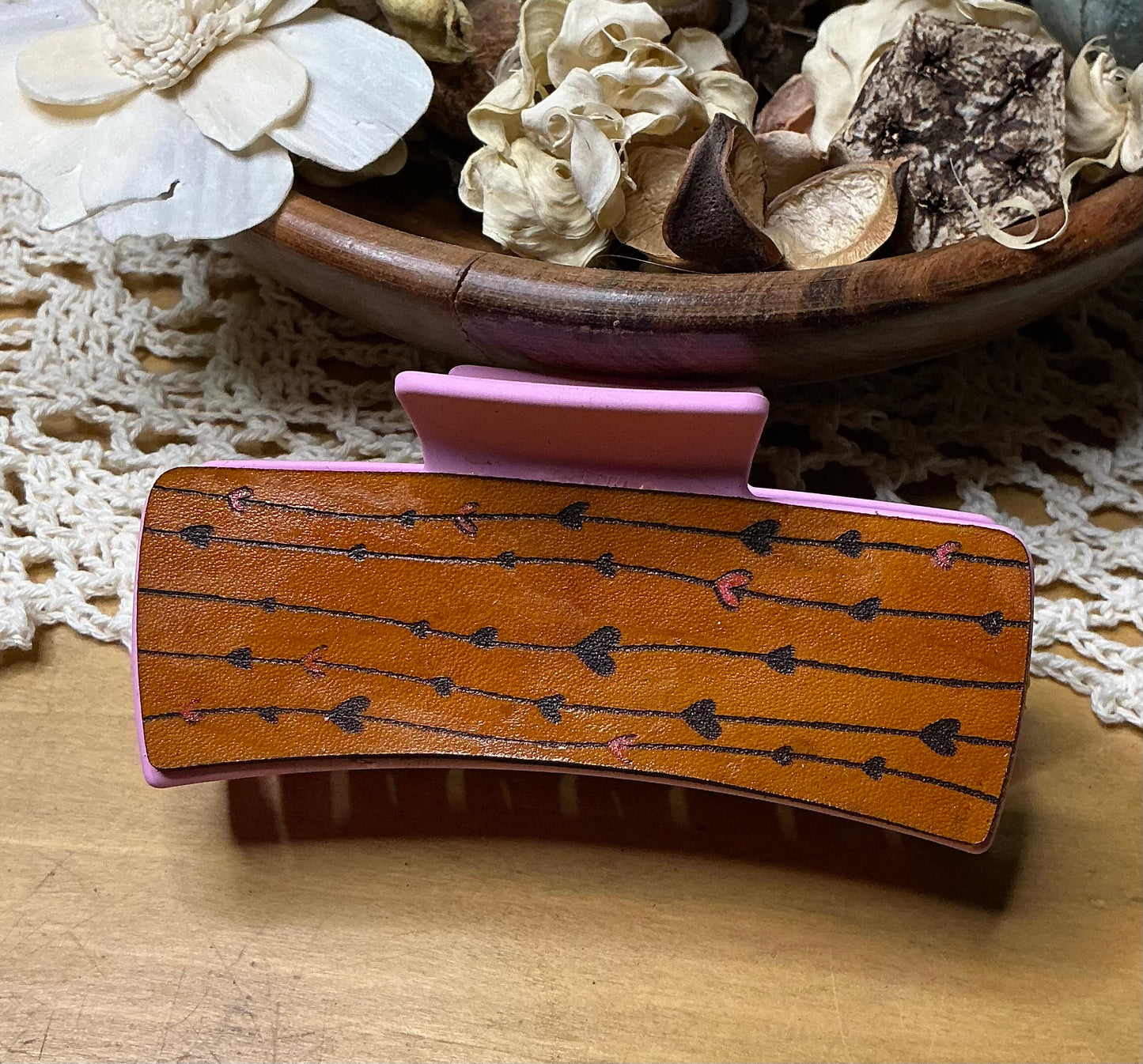 String of Hearts Leather Engraved Hand Painted Claw Clip - Large 4"