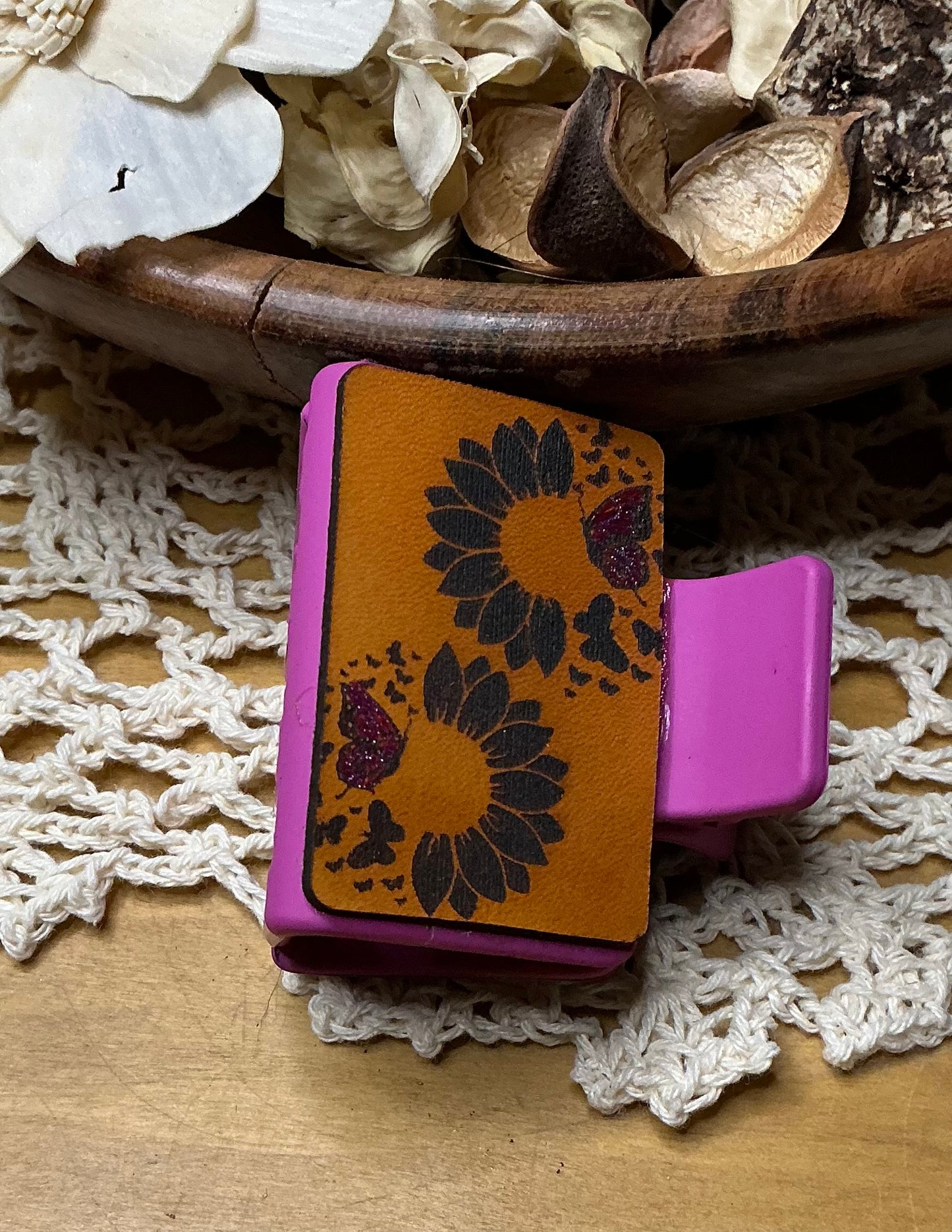 Pink Sunflower and Butterfly Leather Hand Painted Hair Clip - Small 2"