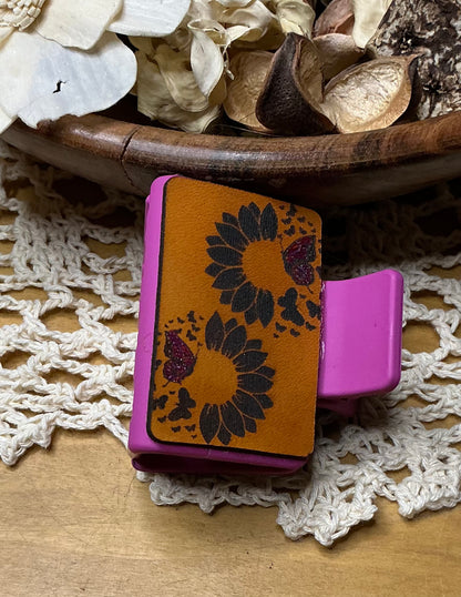 Pink Sunflower and Butterfly Leather Hand Painted Hair Clip - Small 2"