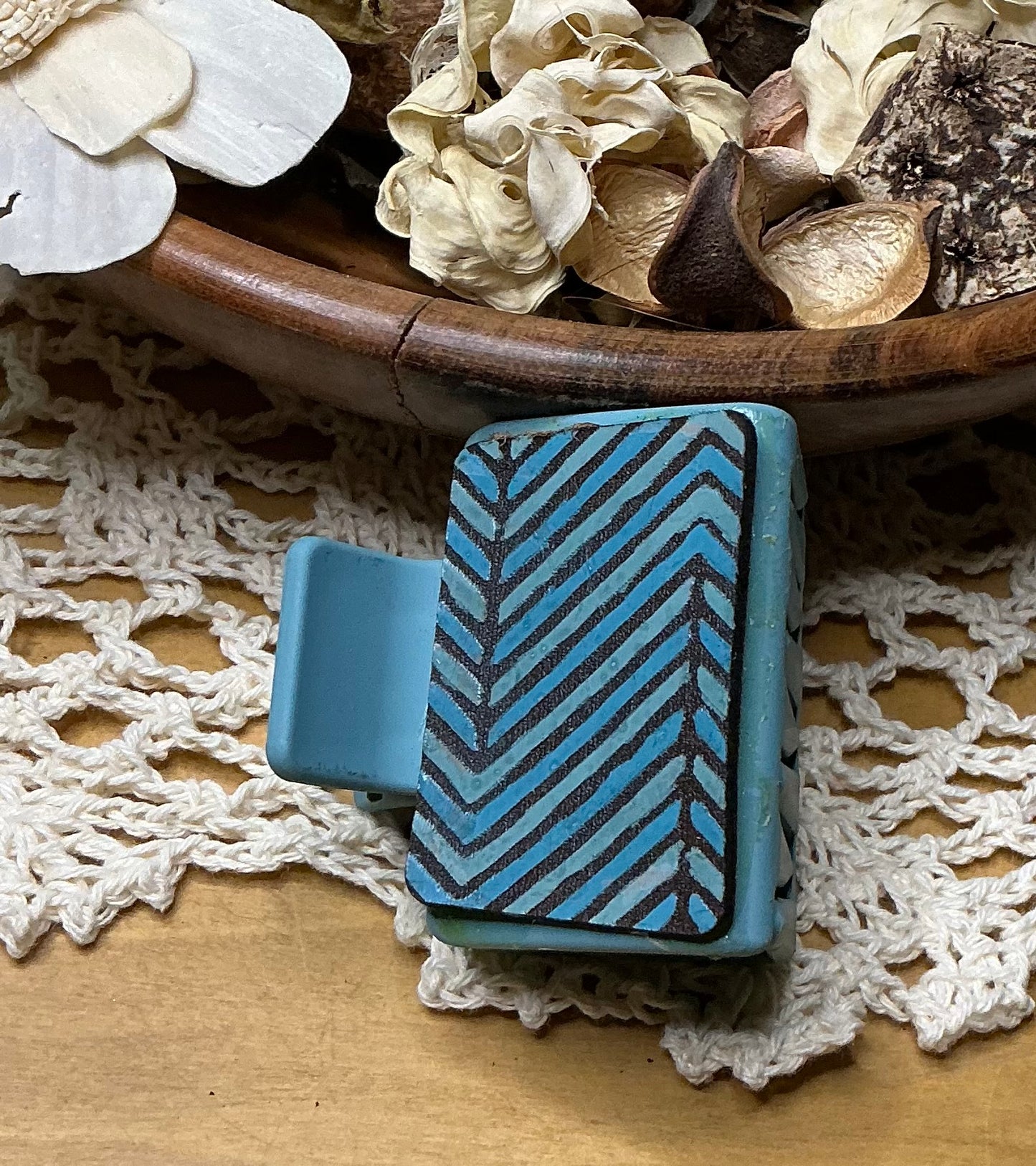 Blue Teal Geometric Engraved Leather Hand Painted Hair Clip - Small 2"