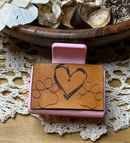 Paw Prints and Heart Leather Hair Clip - Small 2"