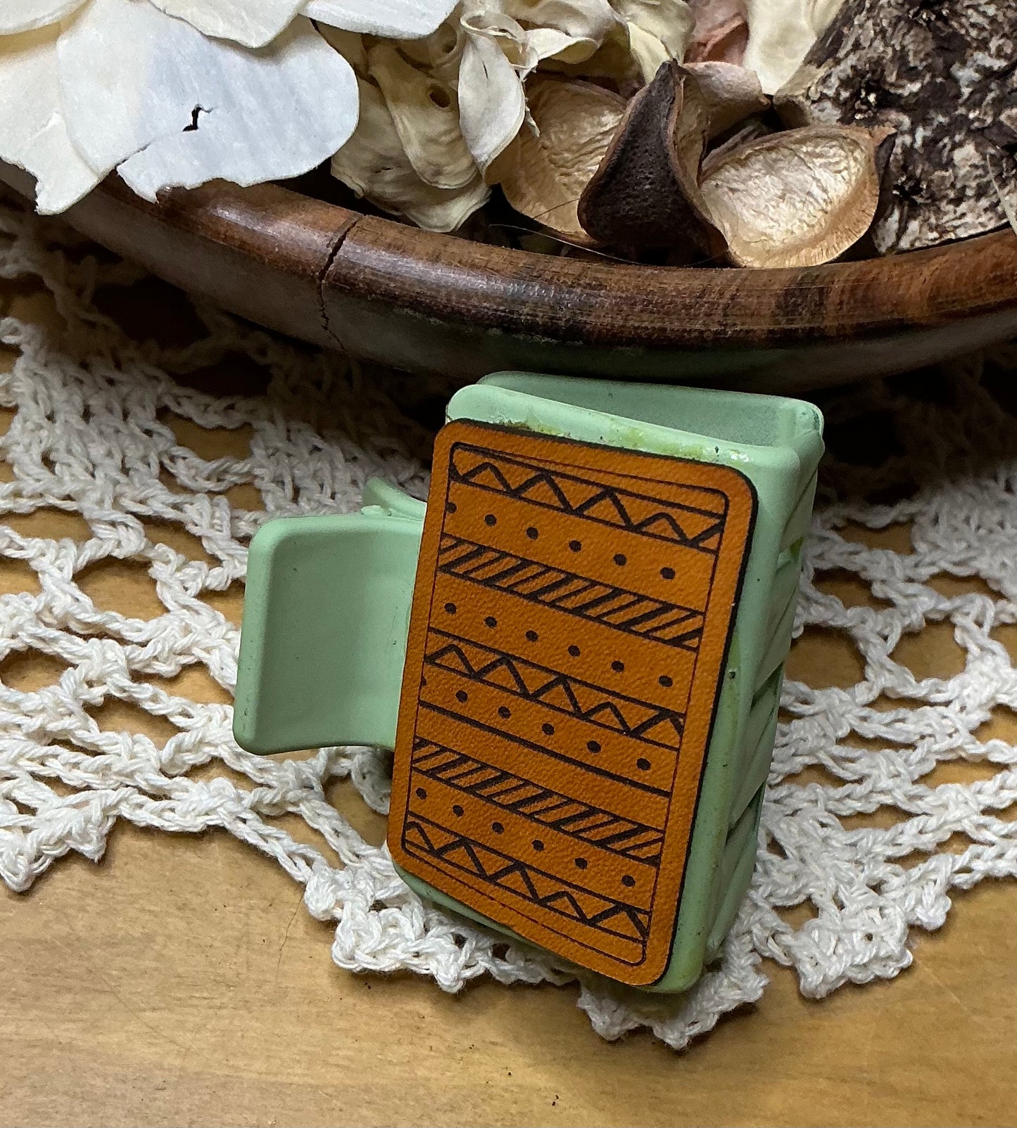 Geometric Leather Green Hair Clip - Small 2"