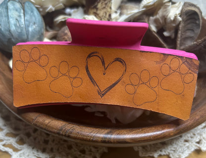 Paw Print and Heart Pink Leather Hair Claw Clip – 4" (Blemished)