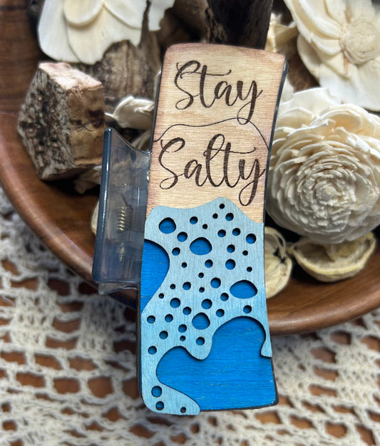 Wooden 3D “Stay Salty” Beach Hair Claw Clip – 4"