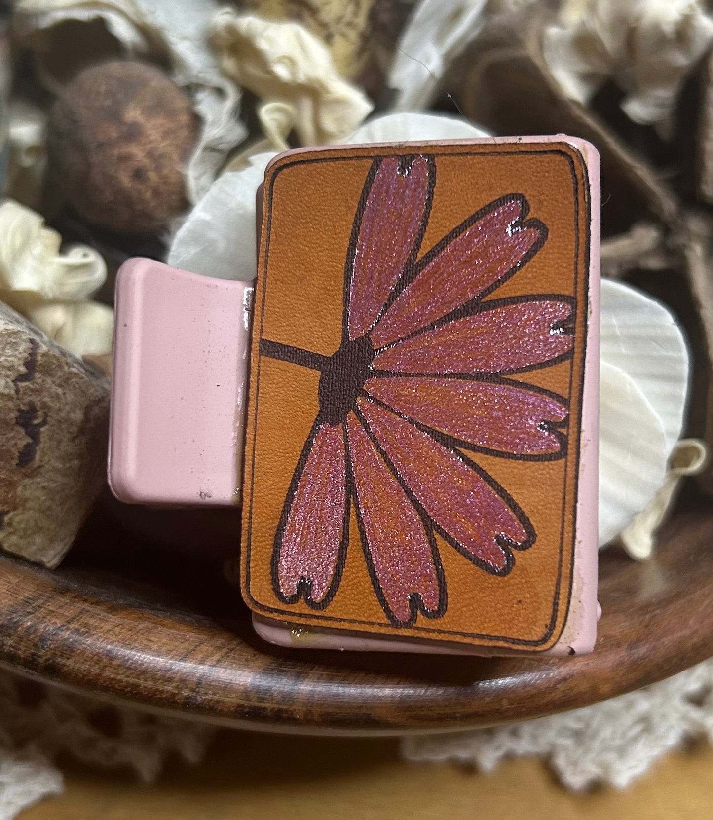 Pink Metallic Flower Leather Hair Claw Clip – Small 2"