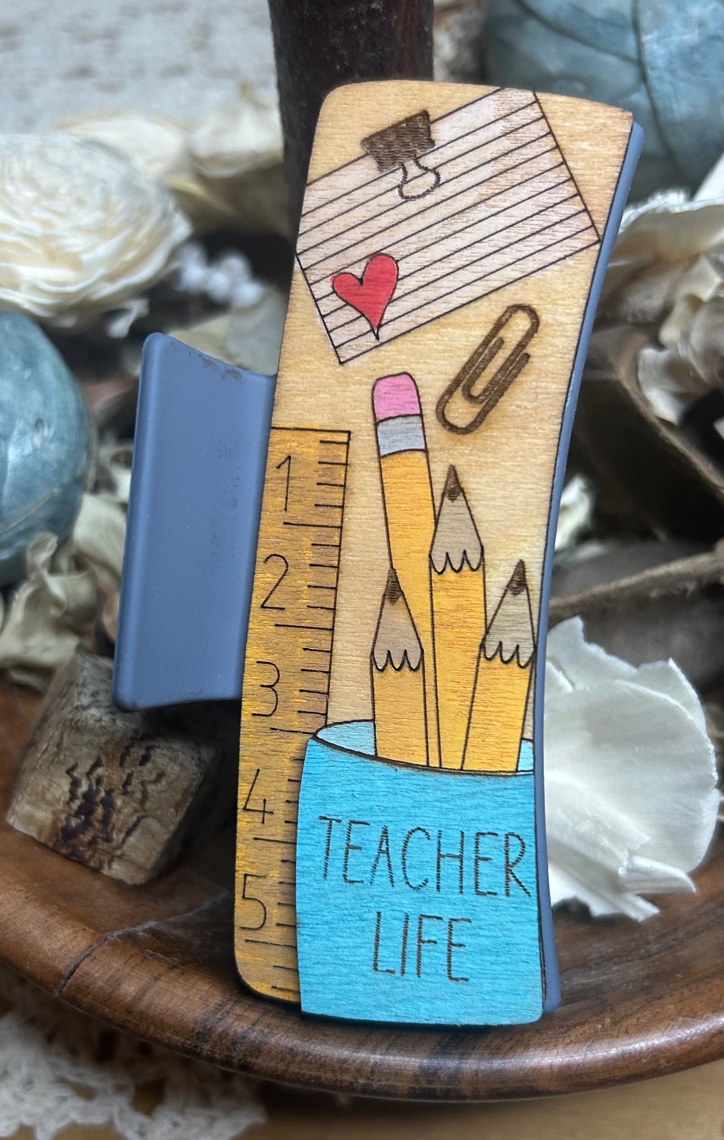 Teacher Life Wooden 3D Pencil Cup Hair Claw Clip – 4"