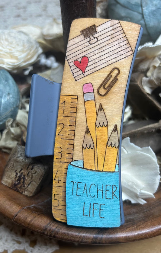 Teacher Life Wooden 3D Pencil Cup Hair Claw Clip – 4"
