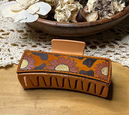 Cow Print and Sunflower Leather Engraved Hand Painted Claw Clip - Large 4"