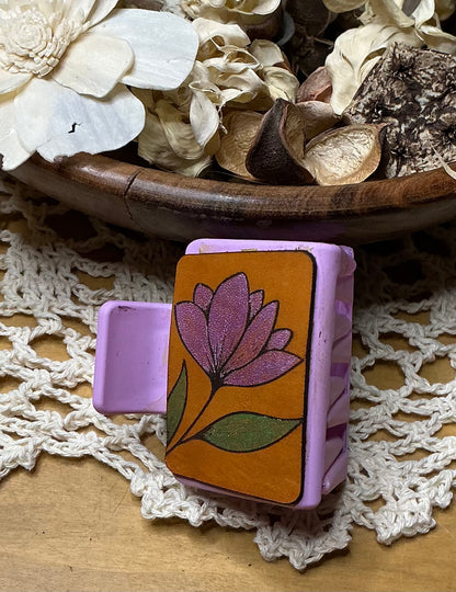 Pink Flower Engraved Leather Hair Clip - Small 2"
