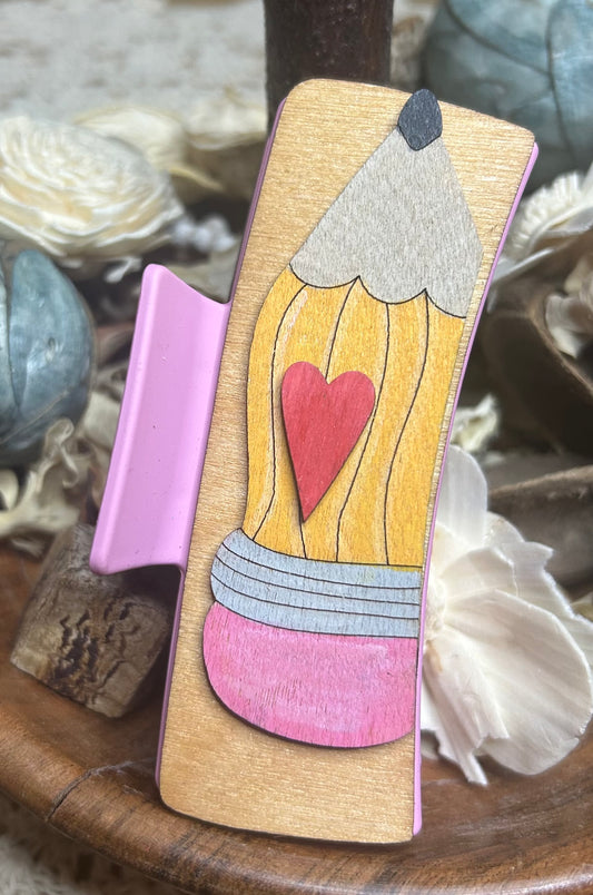 Wooden 3D Pencil Heart Teacher Hair Claw Clip – Pink 4"