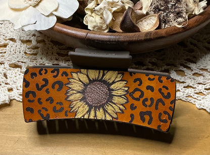 Sunflower and Cheetah Print Leather Engraved Hand Painted Brown Claw Clip - Large 4"
