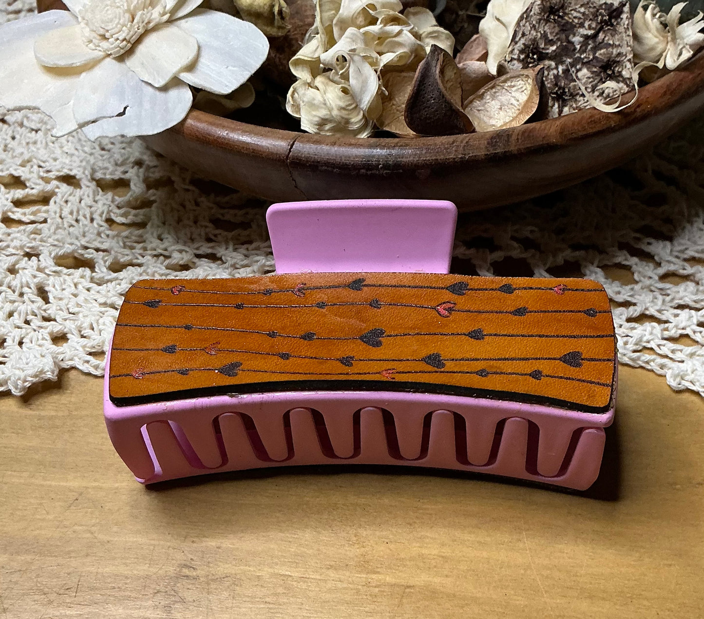 String of Hearts Leather Engraved Hand Painted Claw Clip - Large 4"