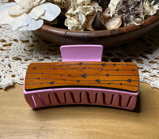 String of Hearts Leather Engraved Hand Painted Claw Clip - Large 4"