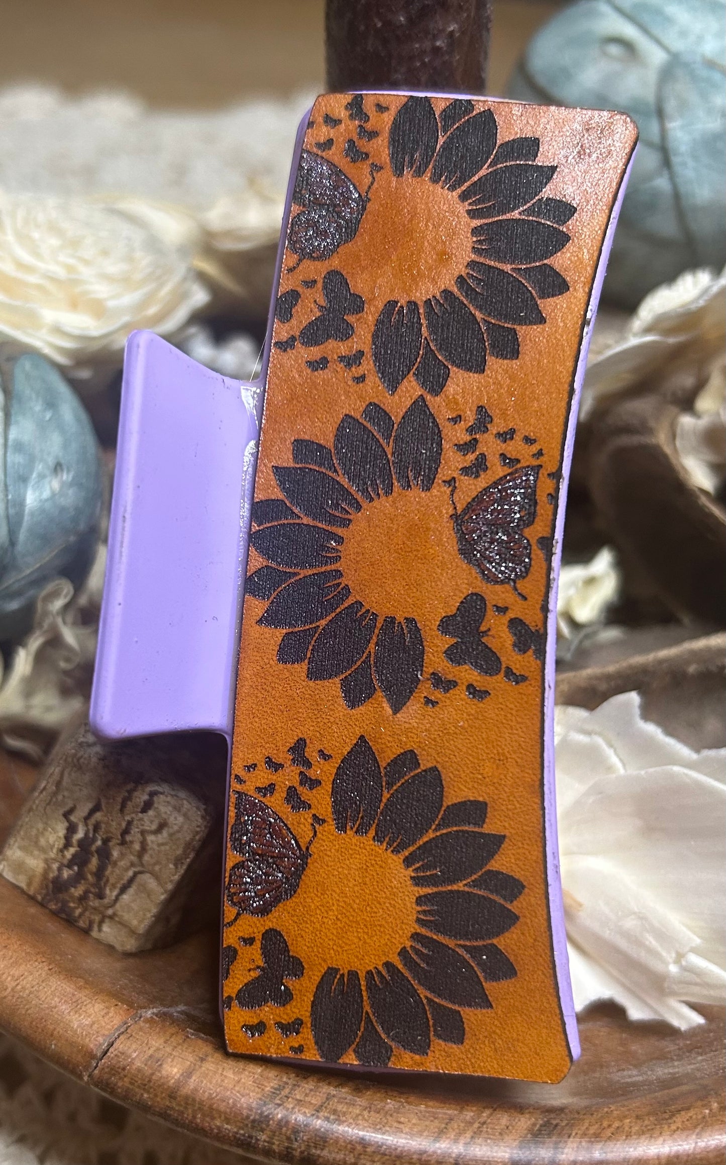 Sunflower and Butterfly Purple Leather Hair Claw Clip – 4"