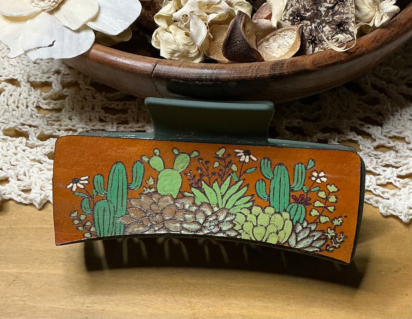 Succulents and Cactus Leather Engraved Hand Painted Claw Clip - Large 4"