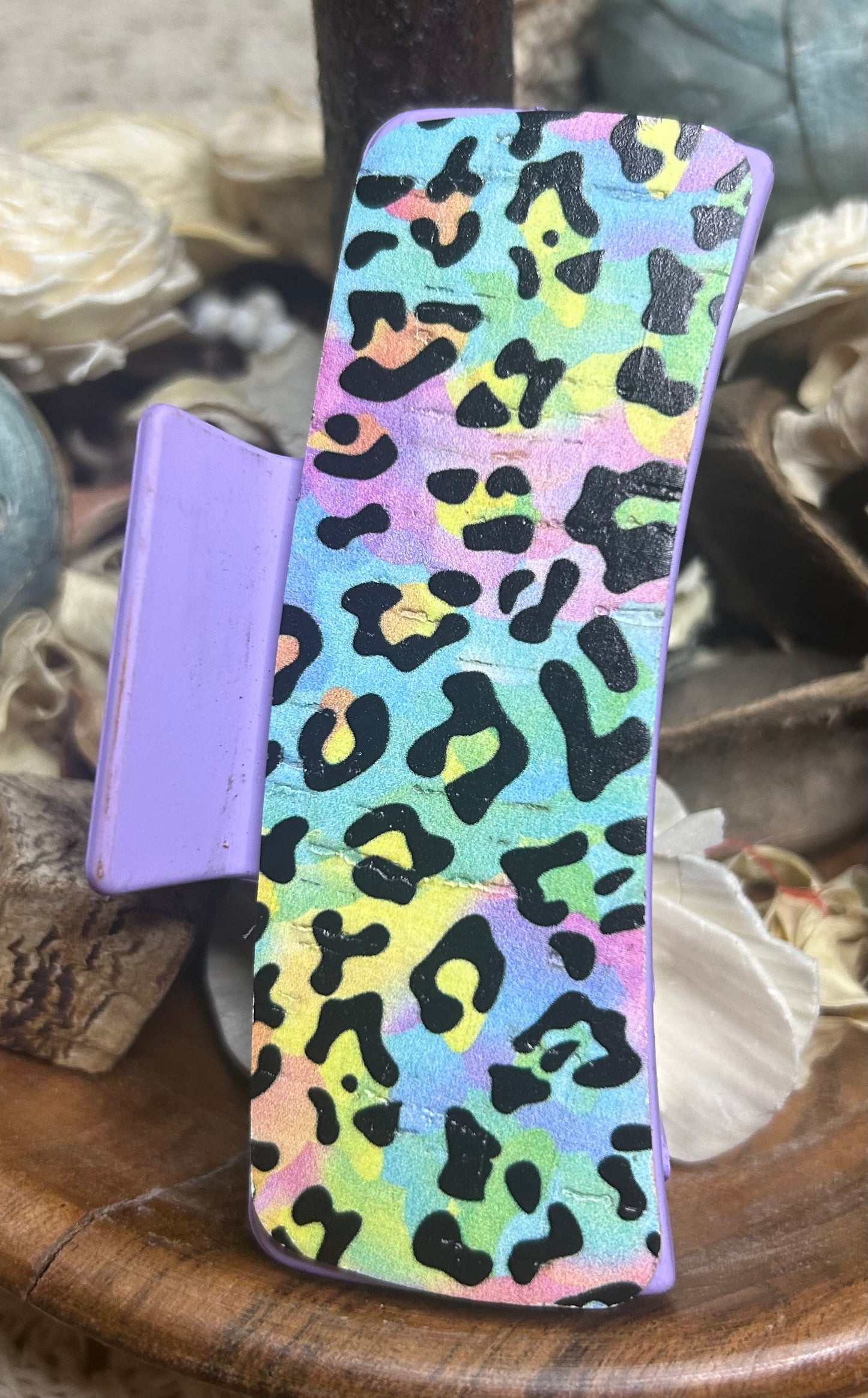 Rainbow Paint Splash Animal Print Leather Hair Claw Clip – 4"