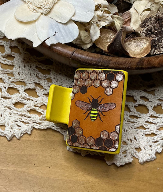 Honeycomb Bee Engraved Leather Hand Painted Hair Clip - Small 2"