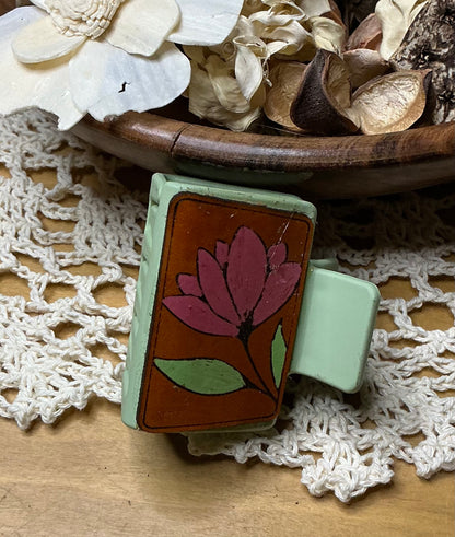 Pink Flower Engraved Leather Hand Painted Hair Clip - Small 2"