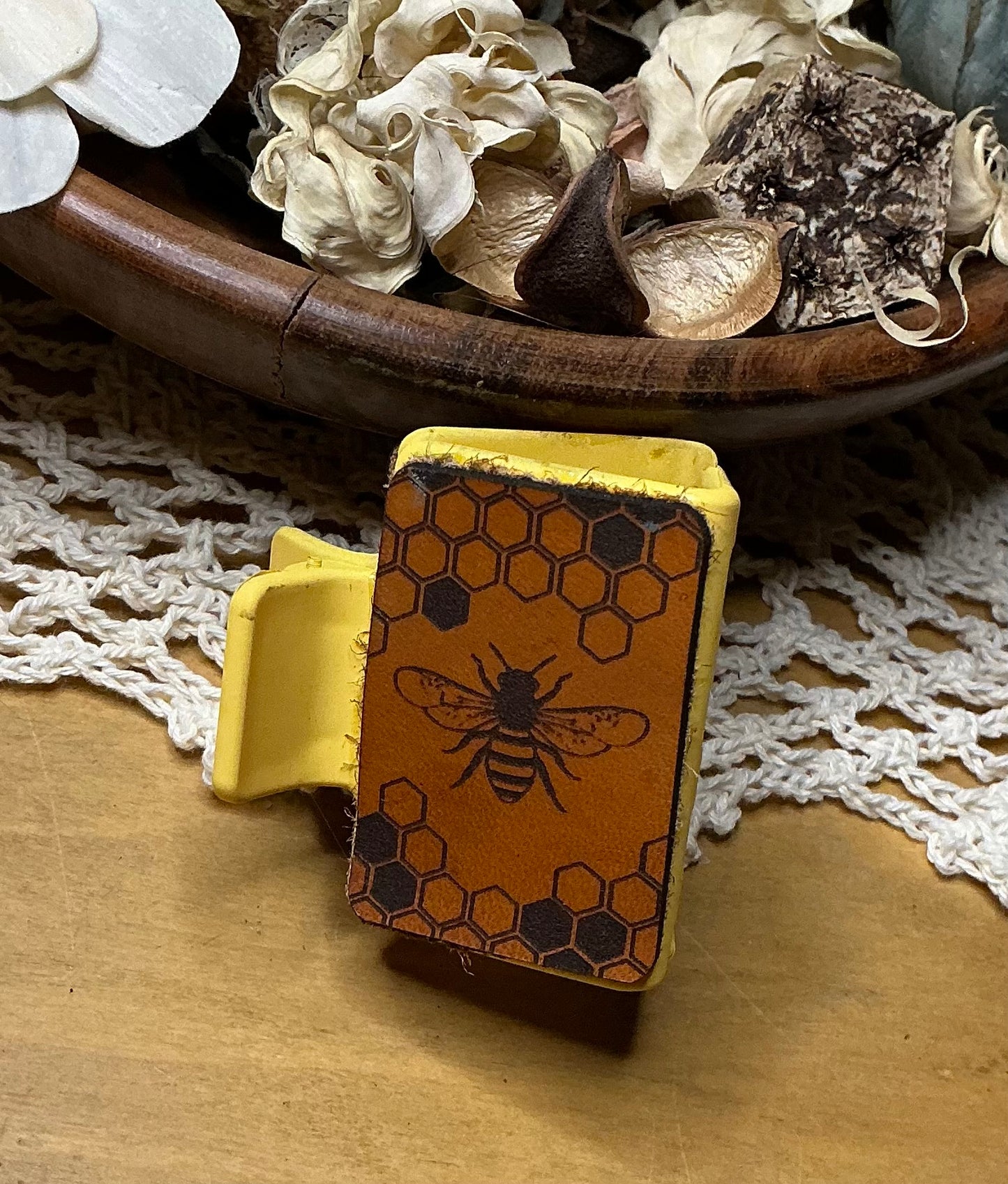 Honeycomb Bee Leather Hair Clip - Small 2" Yellow