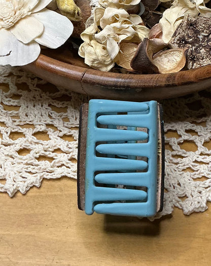 Blue Teal Geometric Engraved Leather Hand Painted Hair Clip - Small 2"