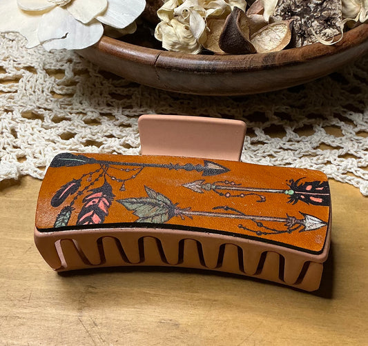 Arrows and Feathers Engraved Hand Painted Claw Clip - Large 4"