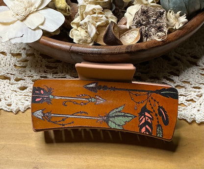 Arrows and Feathers Engraved Hand Painted Claw Clip - Large 4"