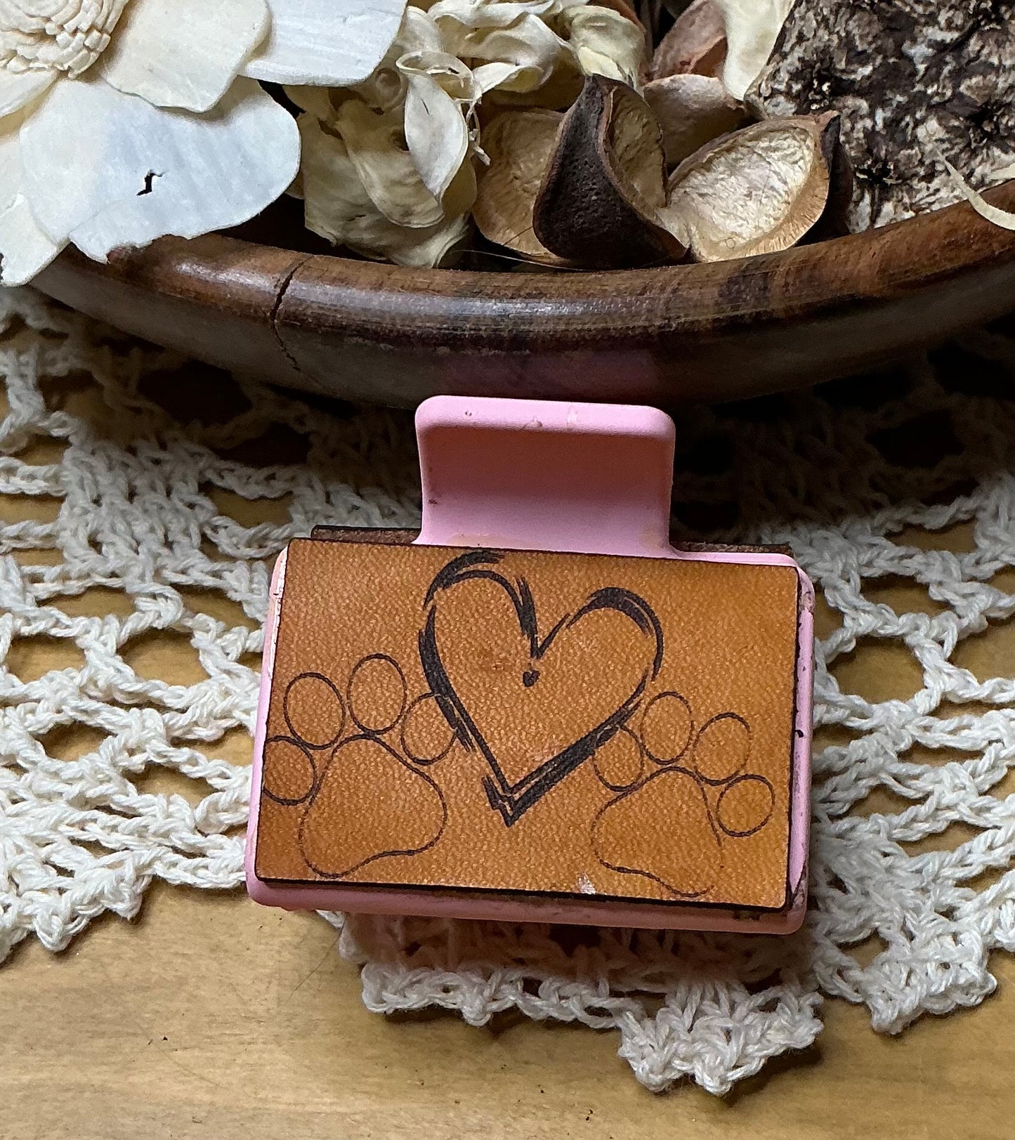Paw Prints and Heart Leather Hair Clip - Small 2"