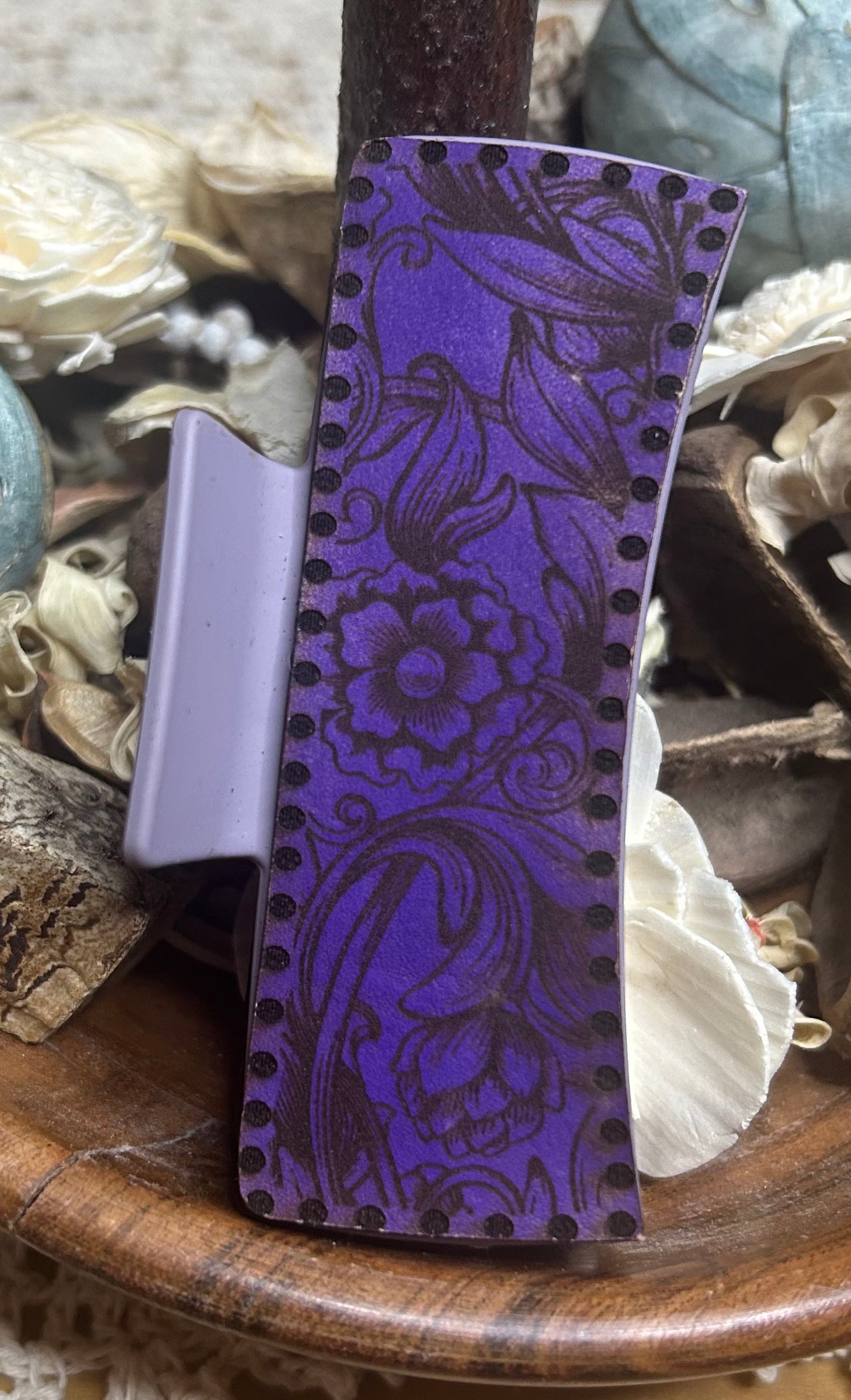 Purple Tooled Look Leather Hair Claw Clip – 4"