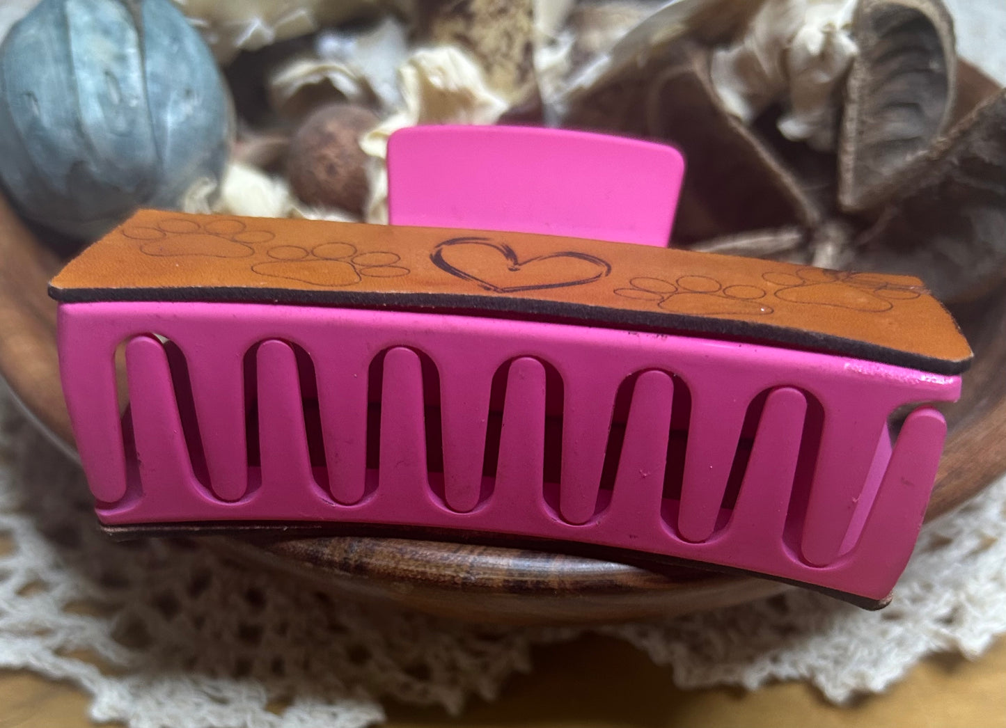 Paw Print and Heart Pink Leather Hair Claw Clip – 4" (Blemished)