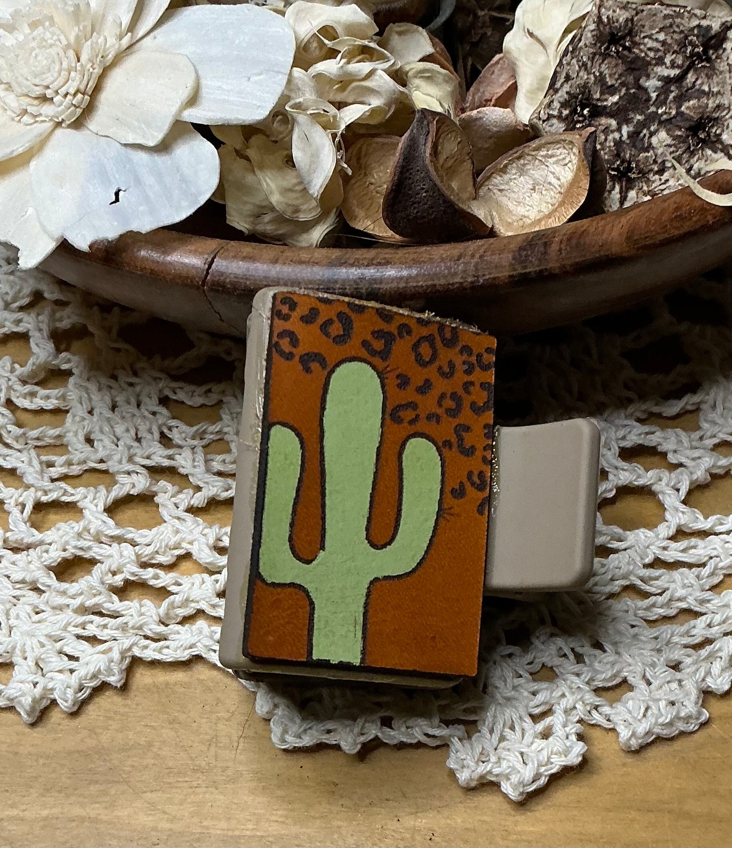 Cheetah Print Cactus Leather Hand Painted Hair Clip - Small 2"