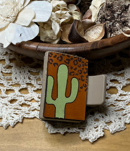 Cheetah Print Cactus Leather Hand Painted Hair Clip - Small 2"