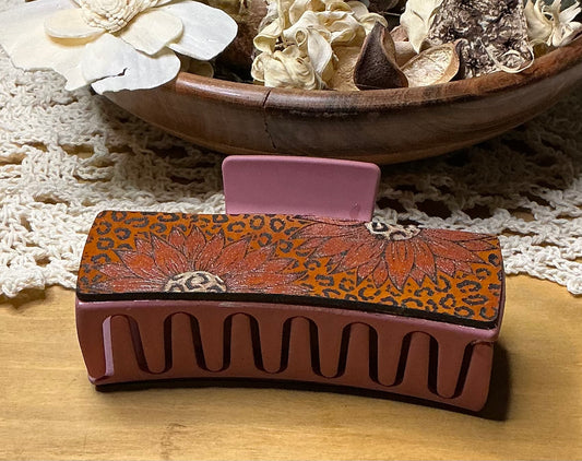 Sunflower and Cheetah Print Leather Engraved Hand Painted Claw Clip - Large 4"
