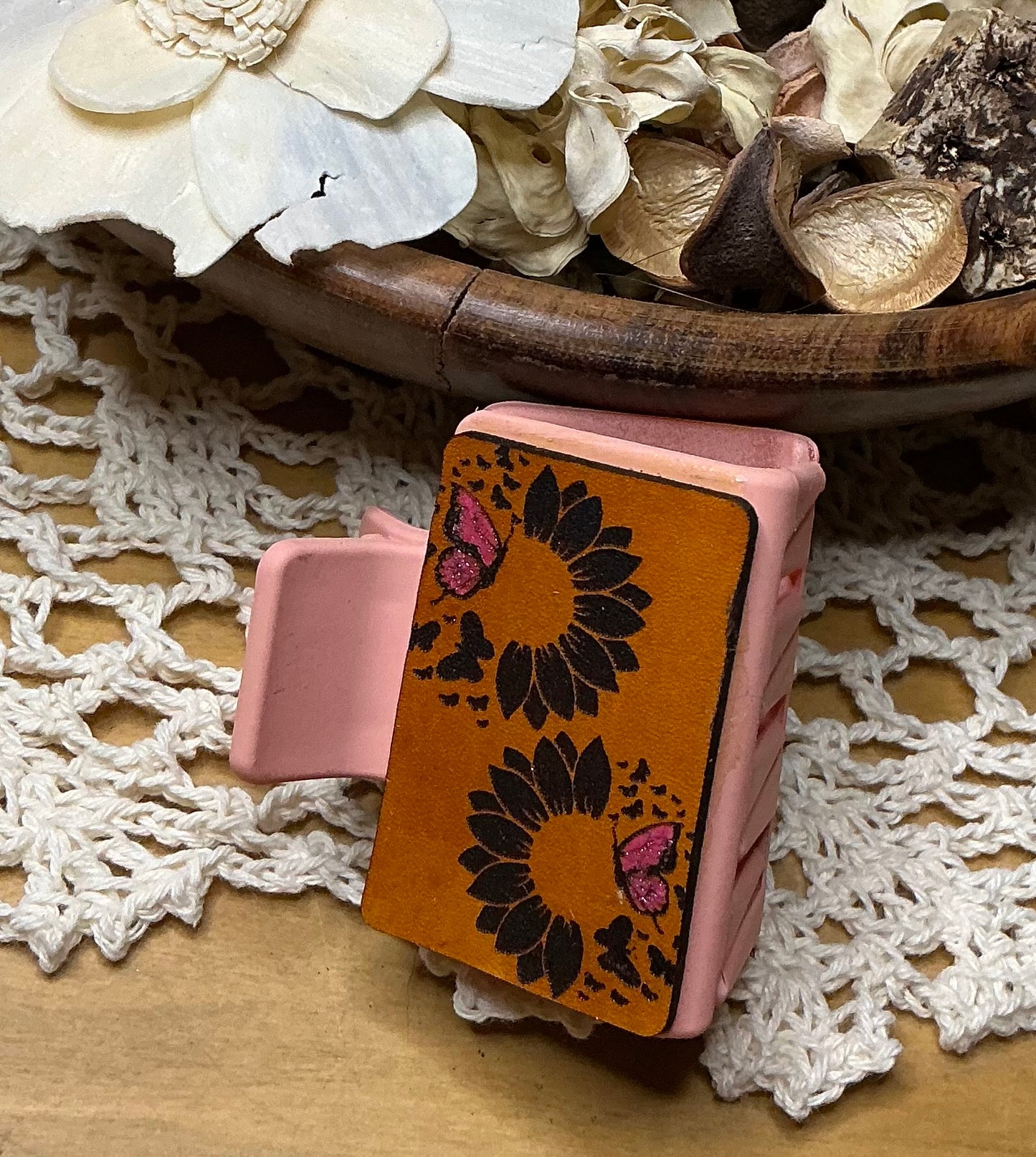 Flower and Butterfly Leather Hair Clip - Small 2"
