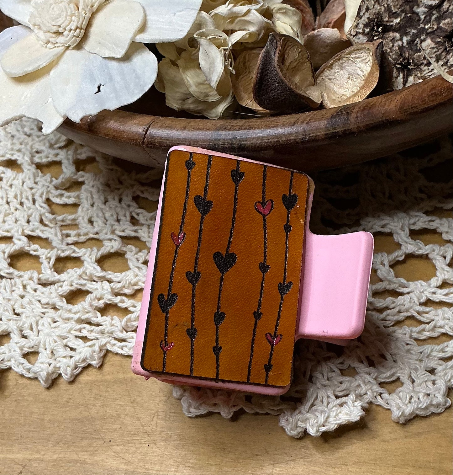 String of Hearts Engraved Leather Hair Clip - Small 2"