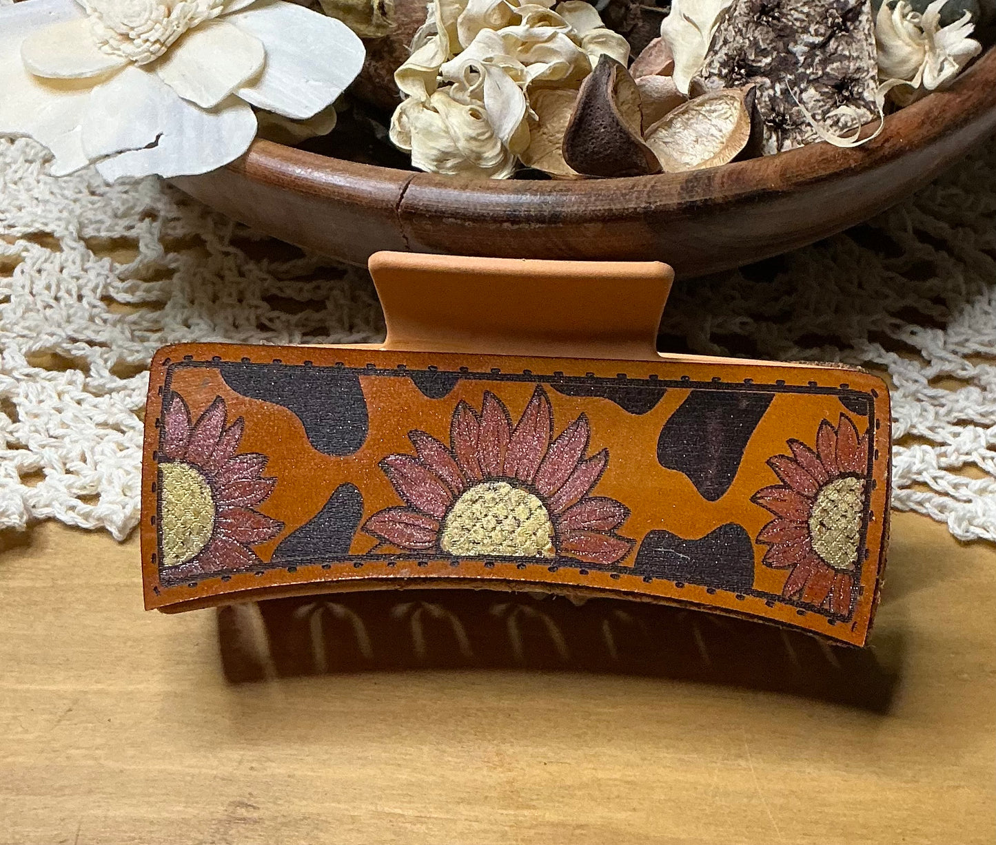 Cow Print and Sunflower Leather Engraved Hand Painted Claw Clip - Large 4"