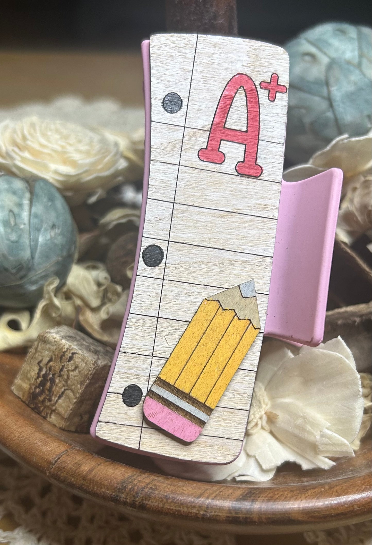 Wooden 3D A+ Pencil Teacher Hair Claw Clip – 4"