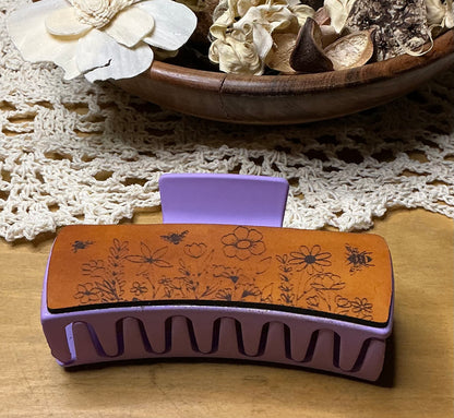 Floral and Bees Leather Engraved Claw Clip - Large 4"