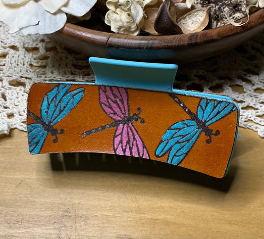 Dragonfly Leather Engraved Hand Painted Claw Clip - Large 4"