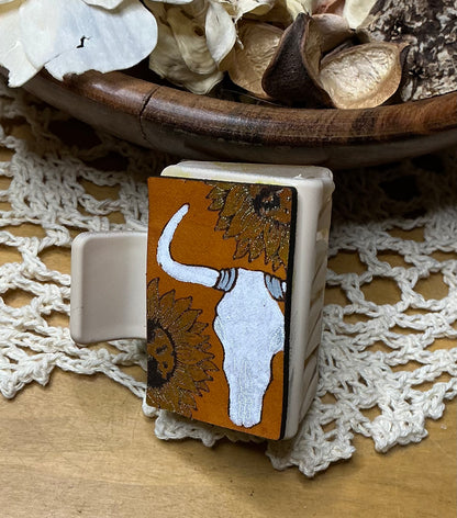 White Bull Skull and Sunflower Leather Hand Painted Hair Clip - Small 2"