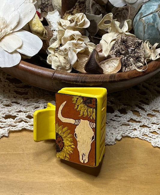 Bull Skull and Sunflower Leather Hand Painted Hair Clip - Small 2"