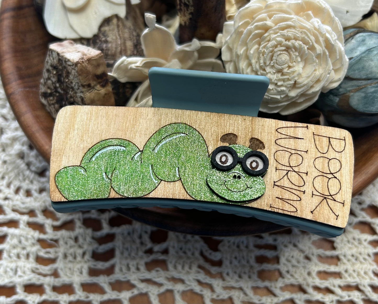 Wooden 3D Book Worm Hair Claw Clip – 4"