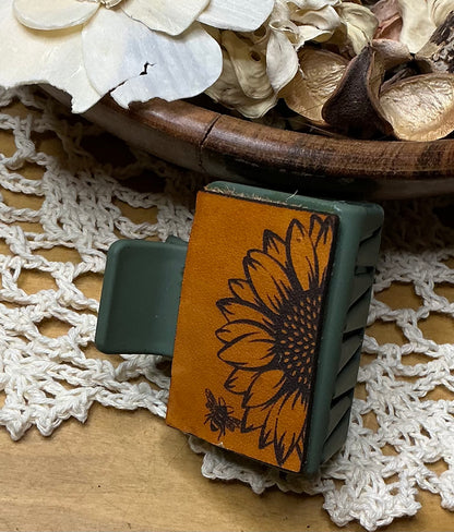 Sunflower and Bee Leather Hair Clip - Small 2"