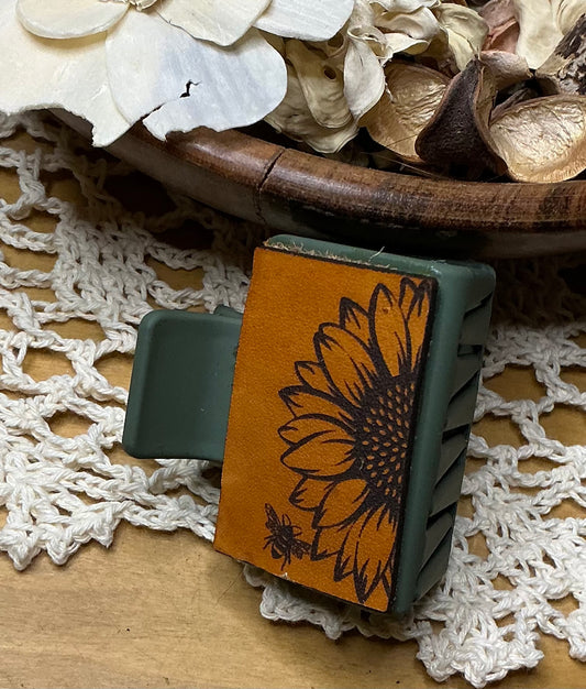 Sunflower and Bee Leather Hair Clip - Small 2"