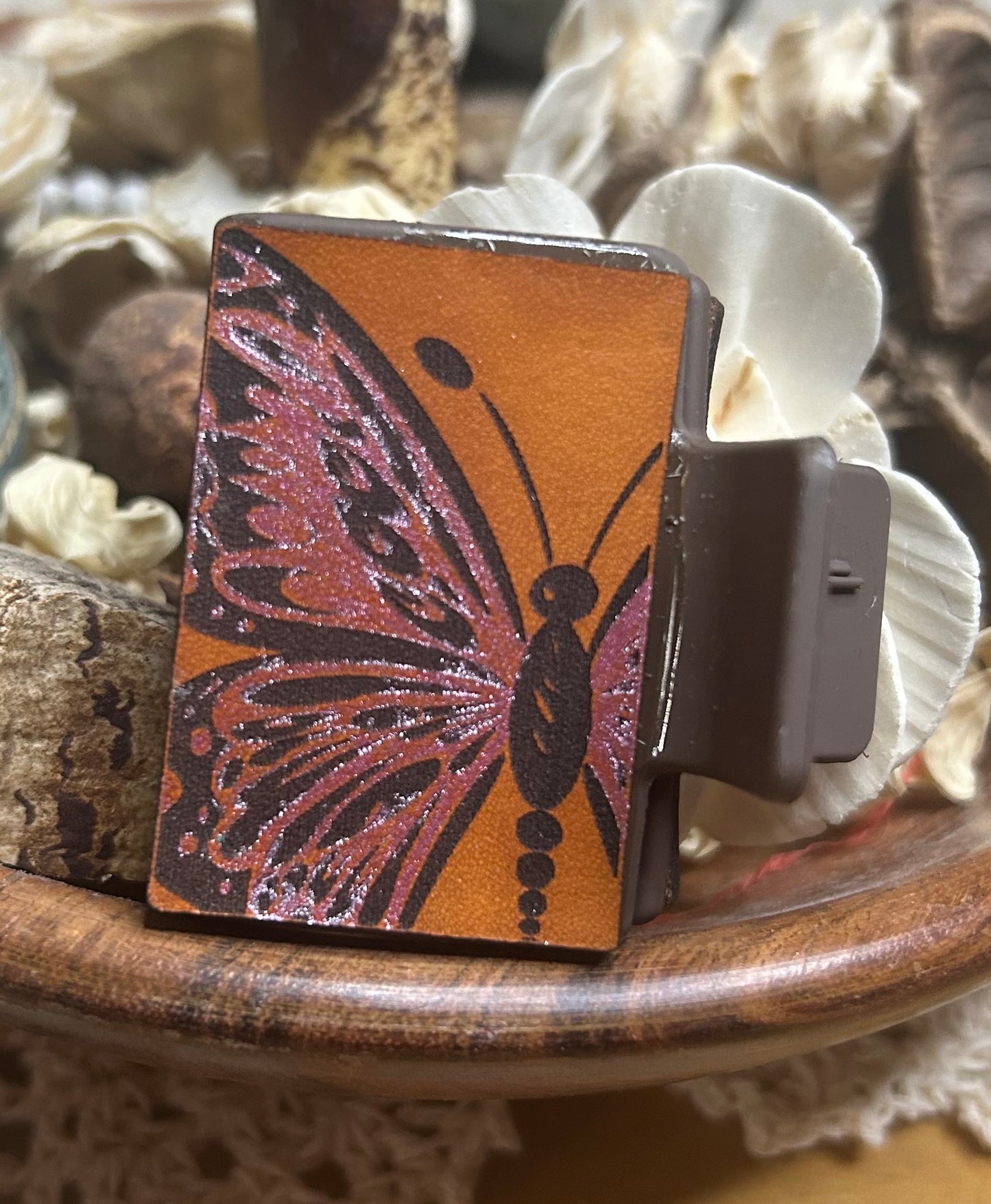 Pink Glitter Butterfly Leather Hair Claw Clip – Small 2" (Brown Clip)