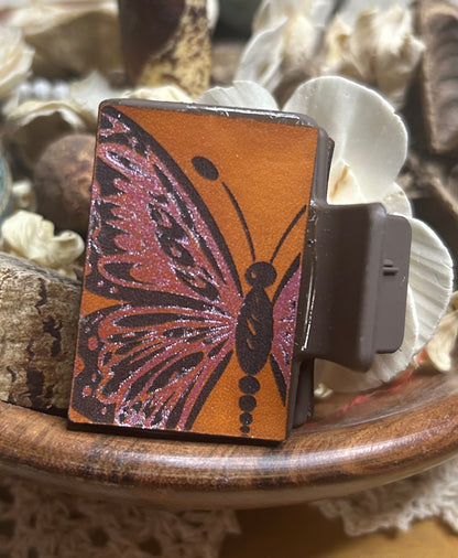 Pink Glitter Butterfly Leather Hair Claw Clip – Small 2" (Brown Clip)