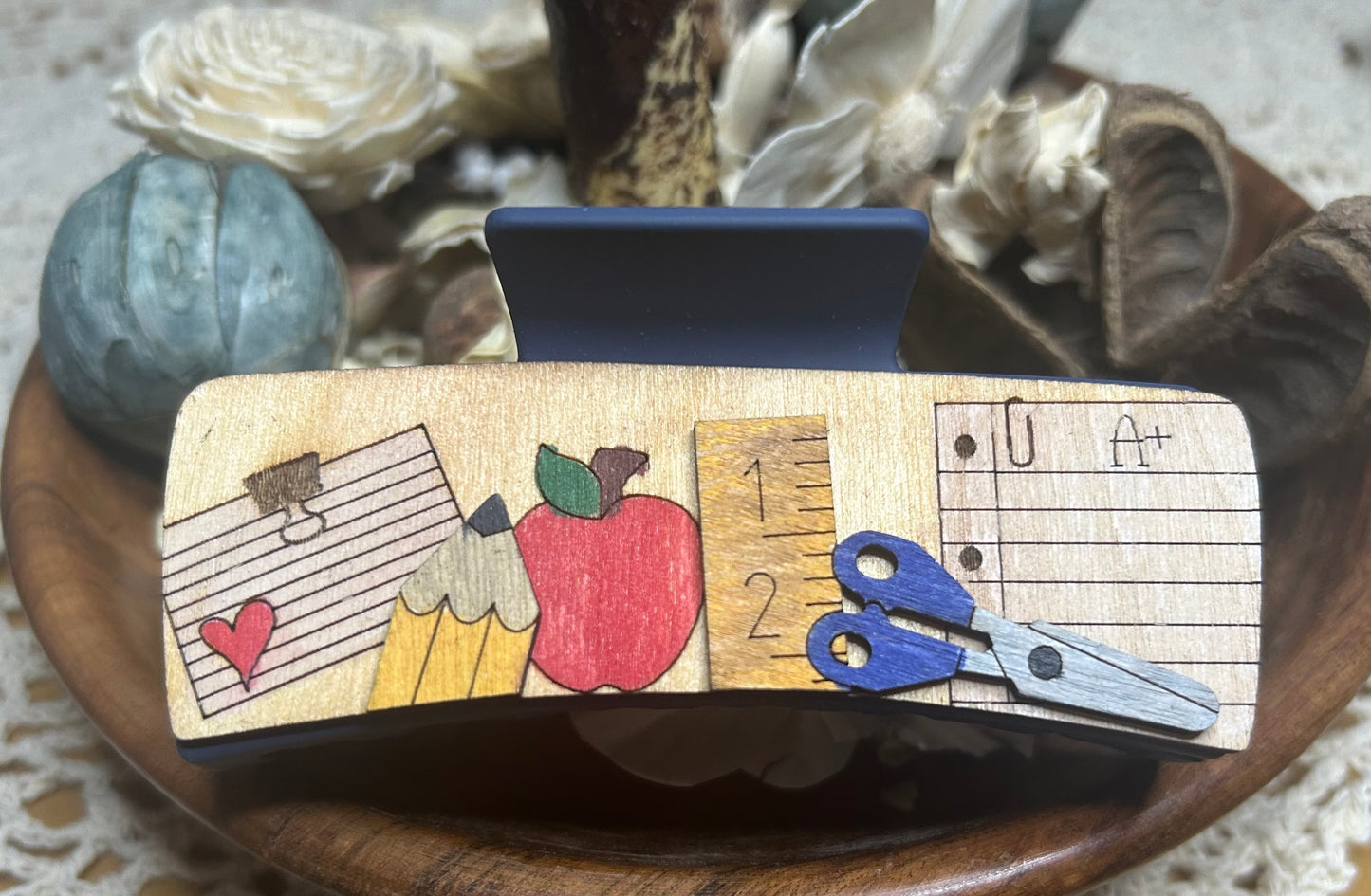 Wooden 3D Teacher School Supplies Hair Claw Clip – 4"