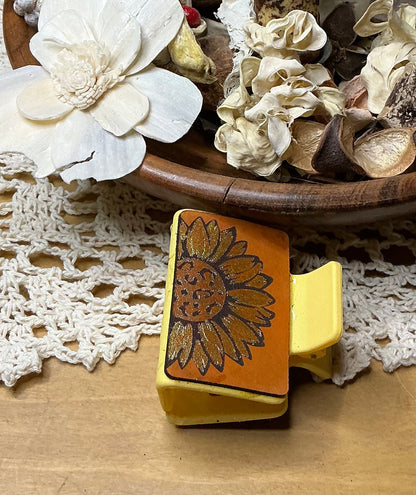 Sunflower Engraved Leather Hand Painted Hair Clip - Small 2"
