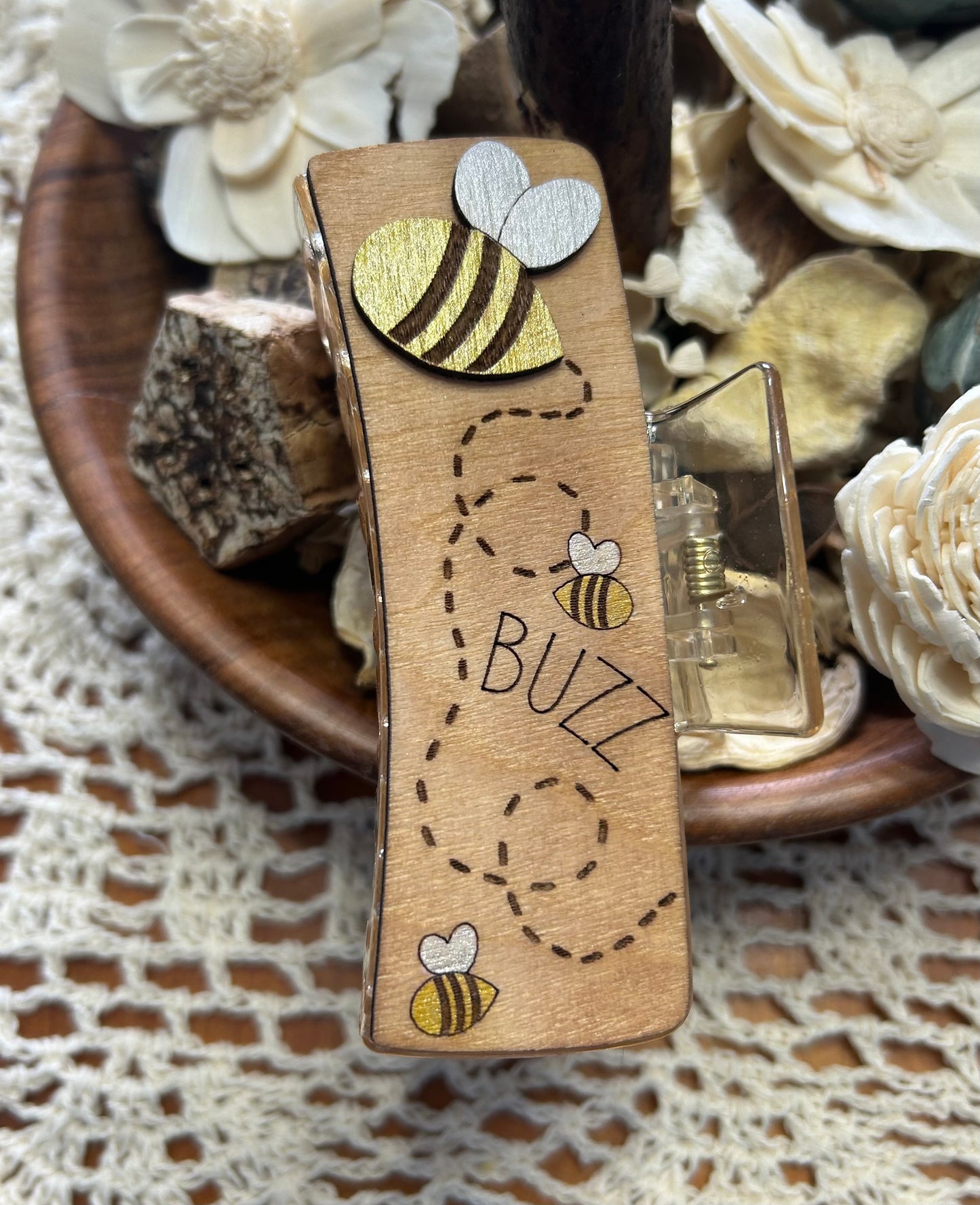 Wooden 3D “Bee’s Buzz” Hair Claw Clip – 4"