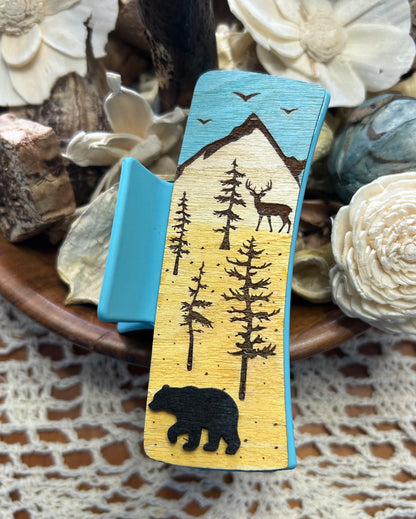 Wooden 3D Bear & Deer Scene Hair Claw Clip – 4"